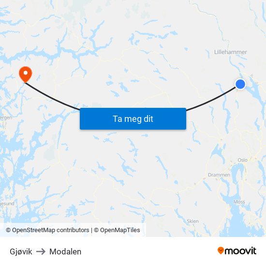 Gjøvik to Modalen map
