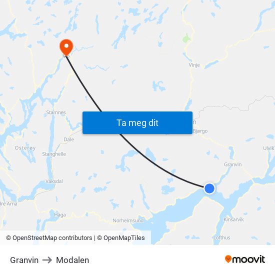Granvin to Modalen map