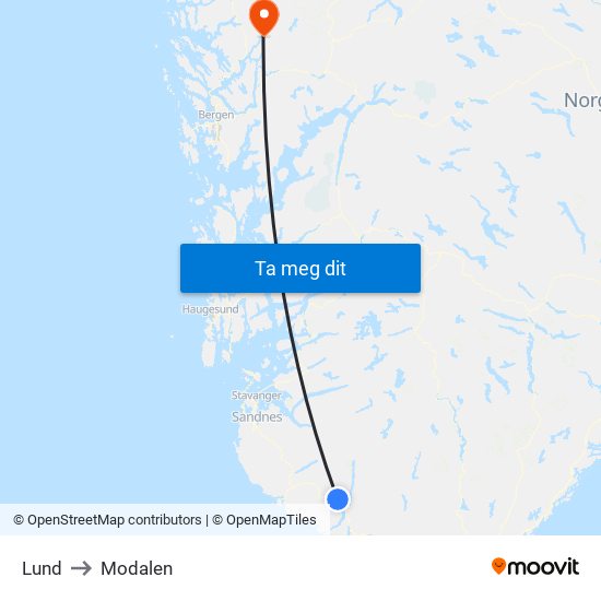 Lund to Modalen map