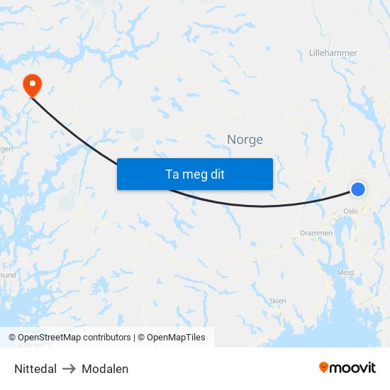 Nittedal to Modalen map