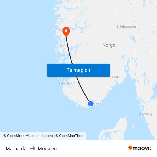 Marnardal to Modalen map