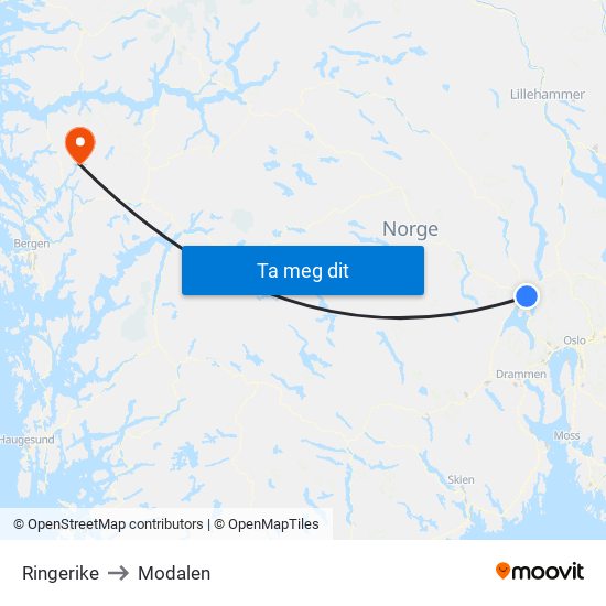 Ringerike to Modalen map