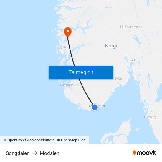 Songdalen to Modalen map