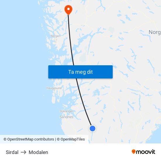 Sirdal to Modalen map
