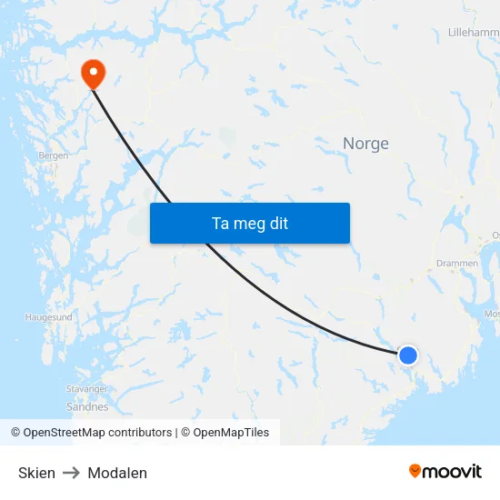 Skien to Modalen map