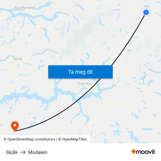 Skjåk to Modalen map