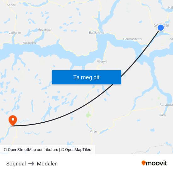 Sogndal to Modalen map