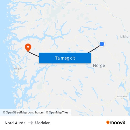Nord-Aurdal to Modalen map