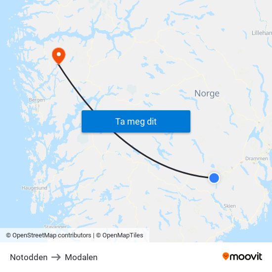 Notodden to Modalen map