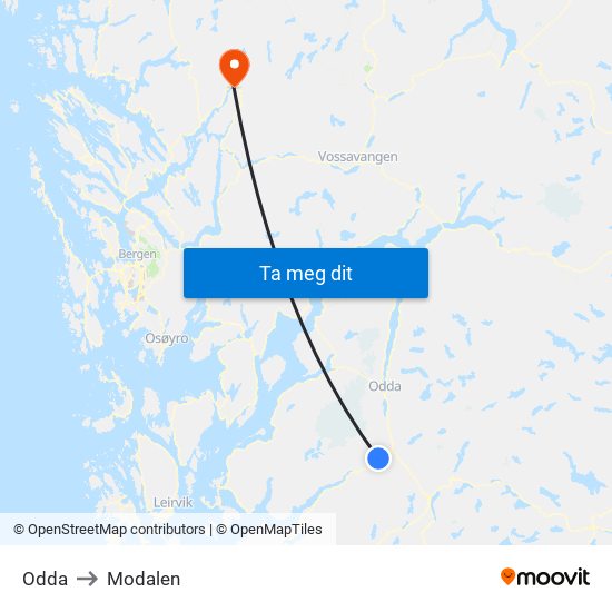 Odda to Modalen map