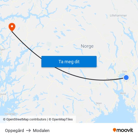 Oppegård to Modalen map
