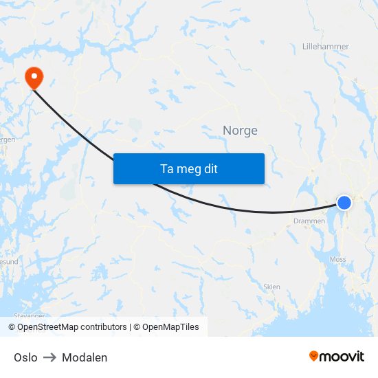 Oslo to Modalen map