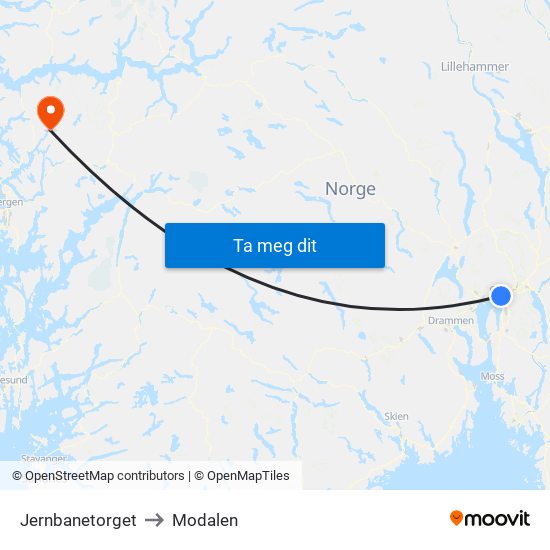 Jernbanetorget to Modalen map