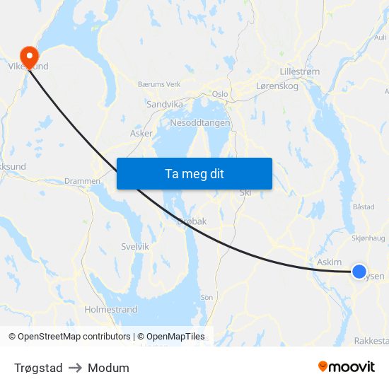 Trøgstad to Modum map