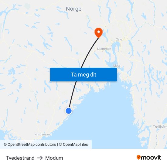 Tvedestrand to Modum map