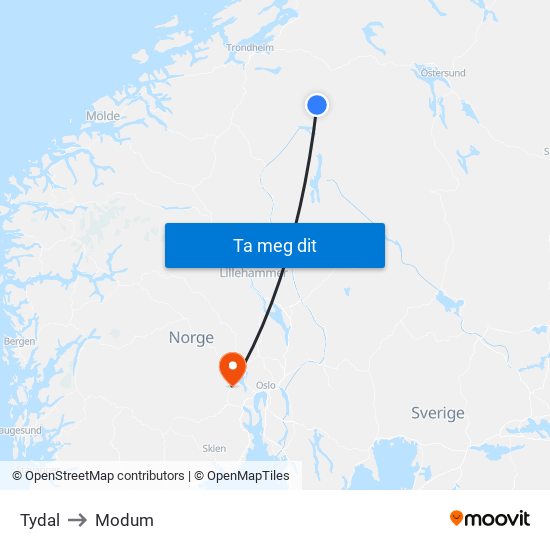 Tydal to Modum map