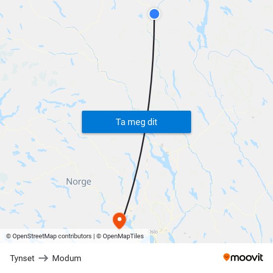 Tynset to Modum map
