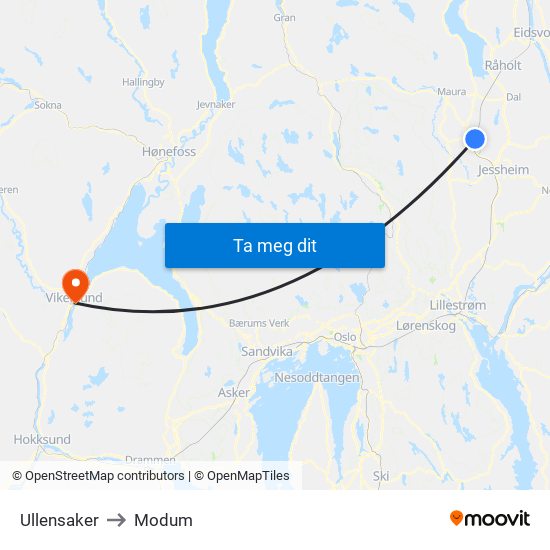 Ullensaker to Modum map