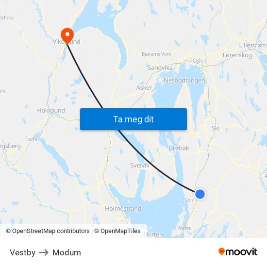 Vestby to Modum map