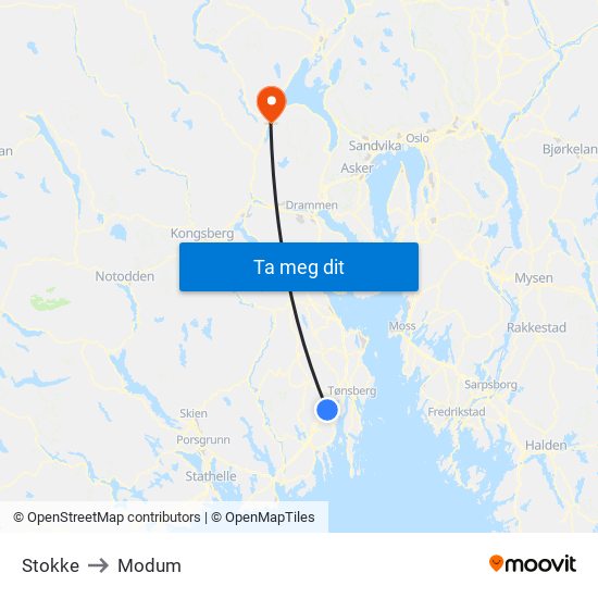 Stokke to Modum map