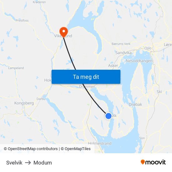 Svelvik to Modum map