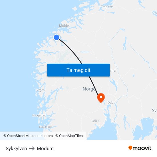 Sykkylven to Modum map