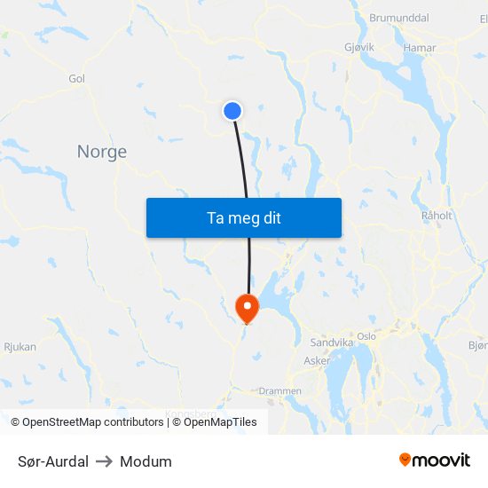 Sør-Aurdal to Modum map