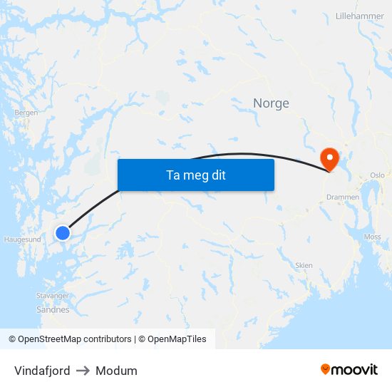 Vindafjord to Modum map