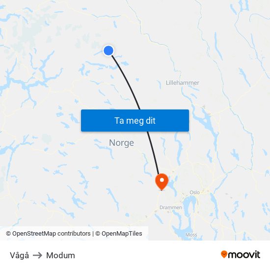 Vågå to Modum map