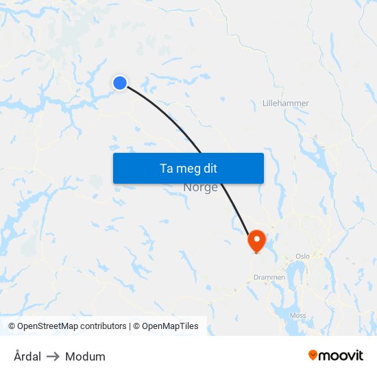 Årdal to Modum map