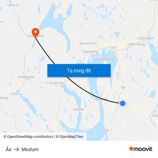 Ås to Modum map