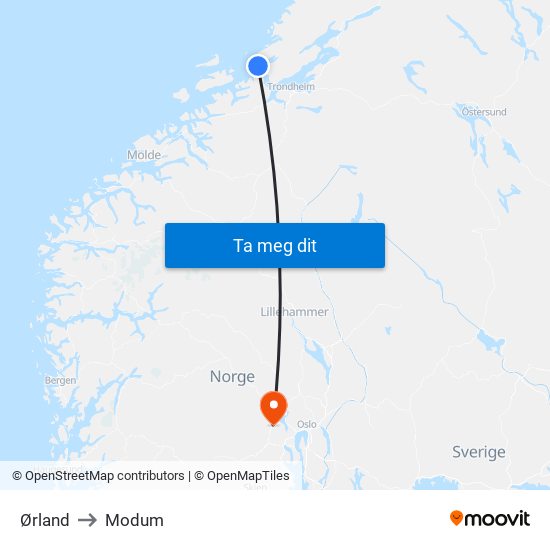 Ørland to Modum map