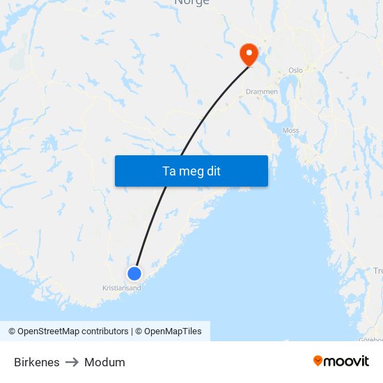 Birkenes to Modum map