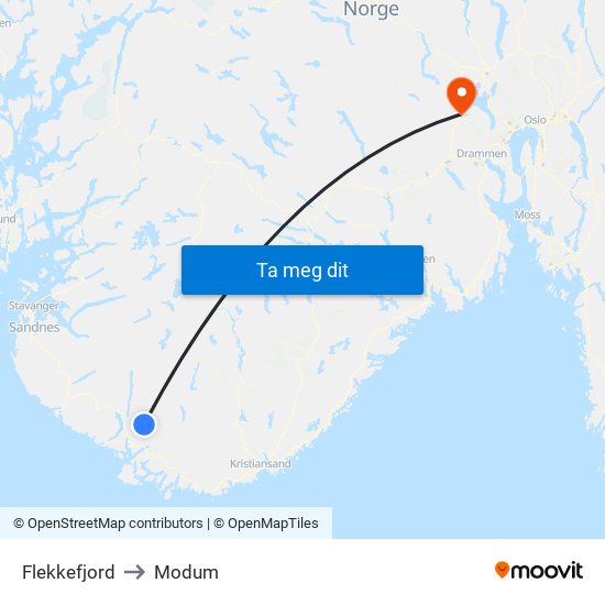 Flekkefjord to Modum map