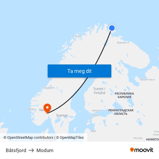 Båtsfjord to Modum map