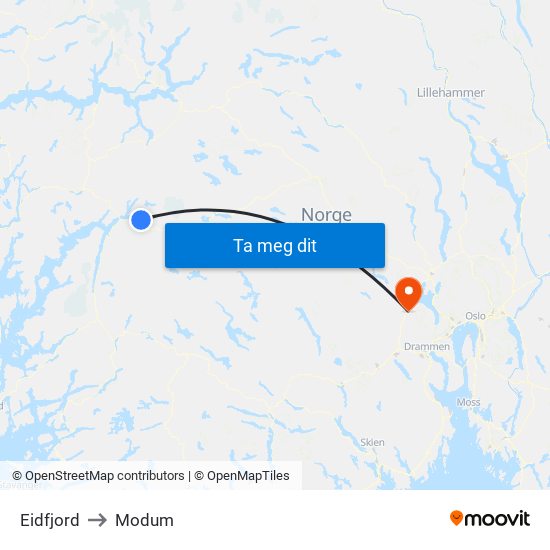 Eidfjord to Modum map