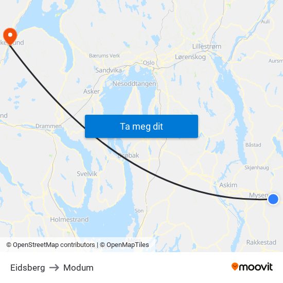 Eidsberg to Modum map