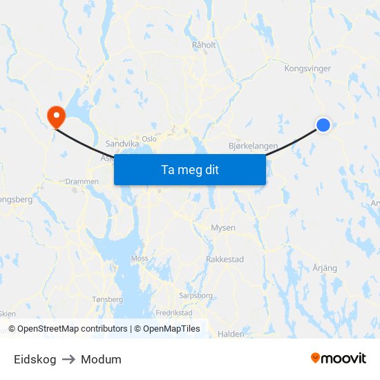 Eidskog to Modum map
