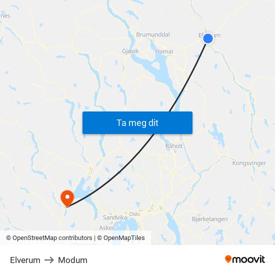 Elverum to Modum map