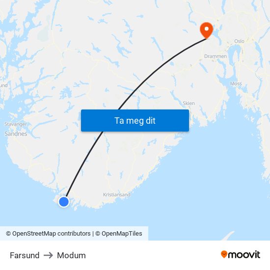 Farsund to Modum map