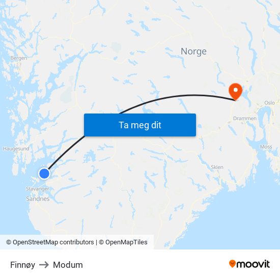 Finnøy to Modum map