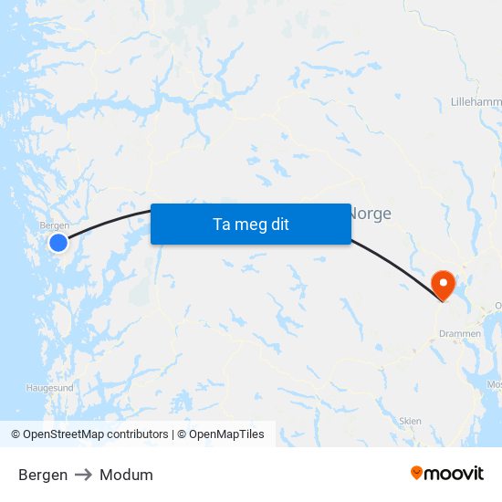 Bergen to Modum map