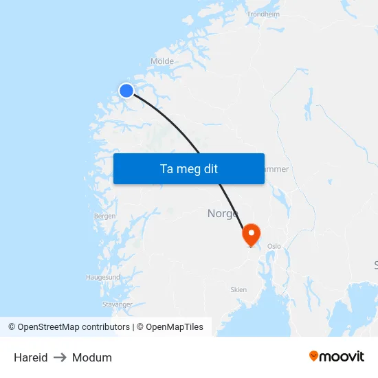 Hareid to Modum map
