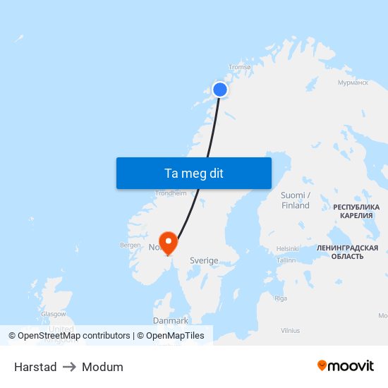 Harstad to Modum map