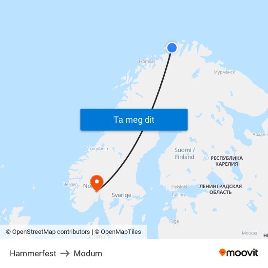 Hammerfest to Modum map