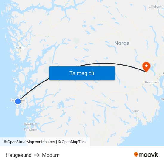 Haugesund to Modum map