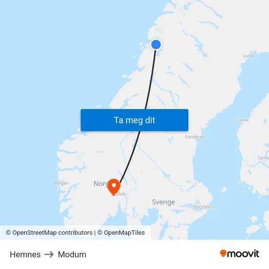 Hemnes to Modum map