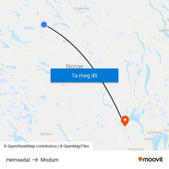 Hemsedal to Modum map