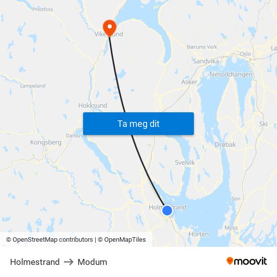 Holmestrand to Modum map