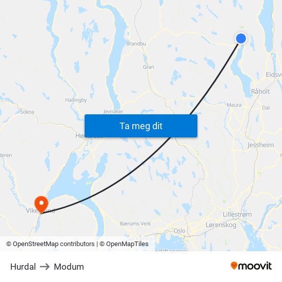 Hurdal to Modum map